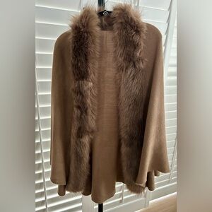 Tan / Brown Sweater Shawl Wrap with Faux Fur Trim